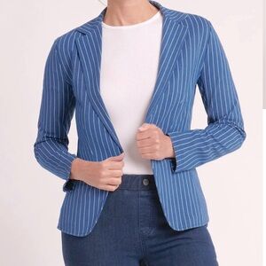 NEW Betabrand Transcendent Blazer XL - Aegean Pinstripe Suit Blue and White